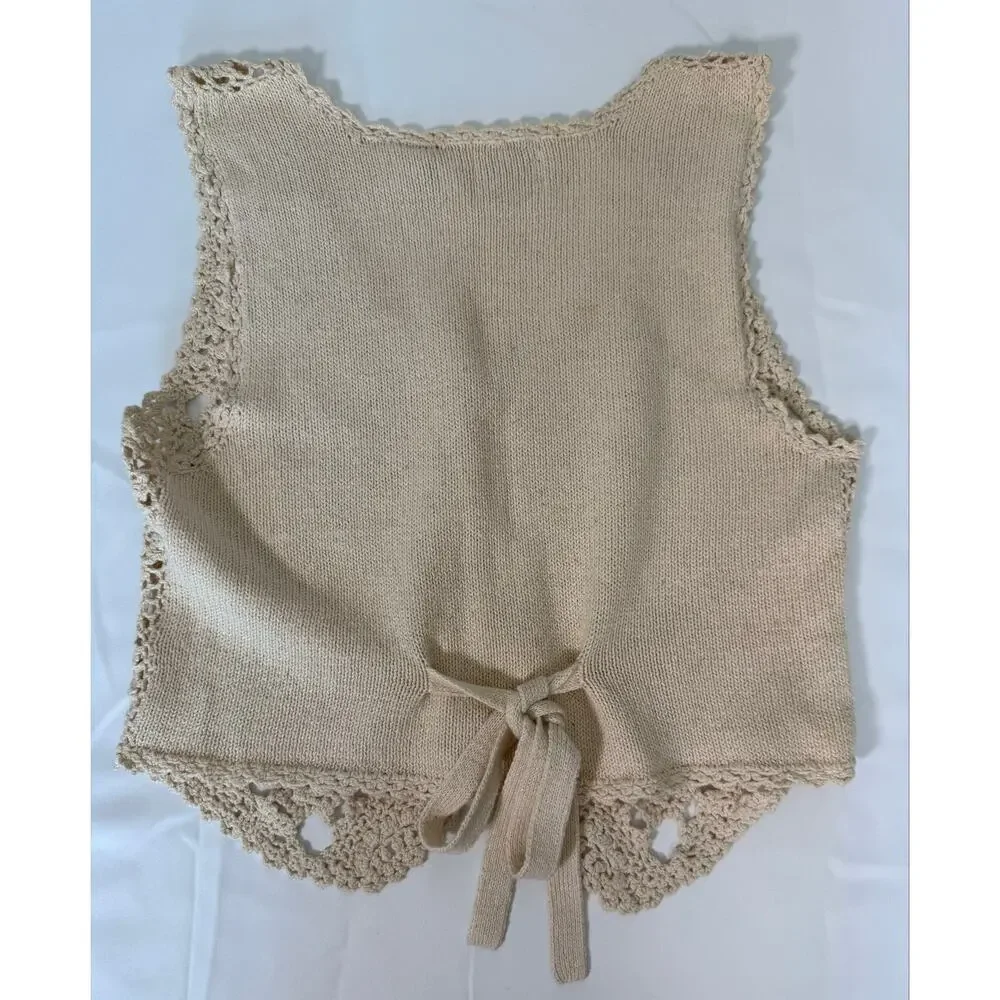 Vintage Cape Isle Knitters Crochet Sweater Vest Ramie Cotton Tie Back Boho